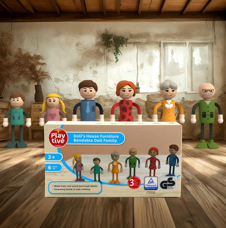 Playtive Doll’s House Furniture Bendable Doll Family – 6 Piece real Wood & tough Plastic Doll Set for Kids Aged 3+, Flexible Poseable Figures in Cute Outfits – Ideal for Imaginative Play, Educational Toy with 3-Year Warranty – TÜV Rheinland Certified