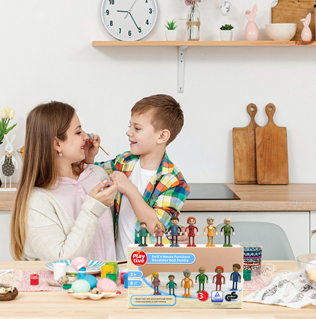 Playtive Doll’s House Furniture Bendable Doll Family – 6 Piece real Wood & tough Plastic Doll Set for Kids Aged 3+, Flexible Poseable Figures in Cute Outfits – Ideal for Imaginative Play, Educational Toy with 3-Year Warranty – TÜV Rheinland Certified