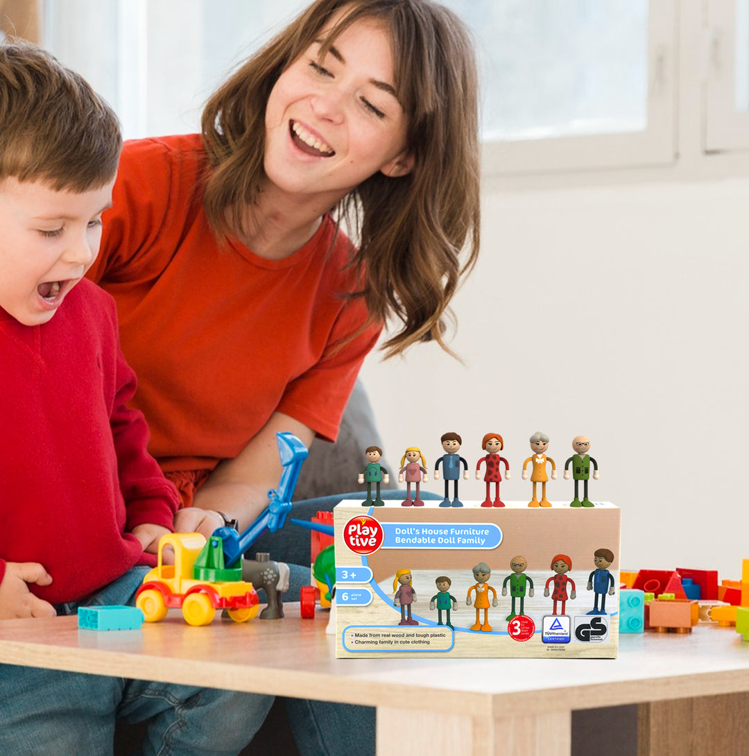 Playtive Doll’s House Furniture Bendable Doll Family – 6 Piece real Wood & tough Plastic Doll Set for Kids Aged 3+, Flexible Poseable Figures in Cute Outfits – Ideal for Imaginative Play, Educational Toy with 3-Year Warranty – TÜV Rheinland Certified