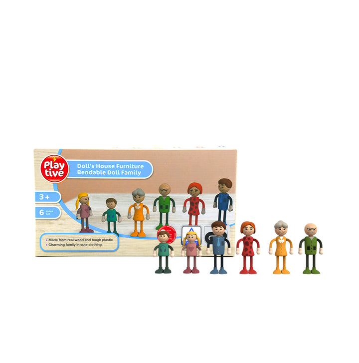 Playtive Doll’s House Furniture Bendable Doll Family – 6 Piece real Wood & tough Plastic Doll Set for Kids Aged 3+, Flexible Poseable Figures in Cute Outfits – Ideal for Imaginative Play, Educational Toy with 3-Year Warranty – TÜV Rheinland Certified
