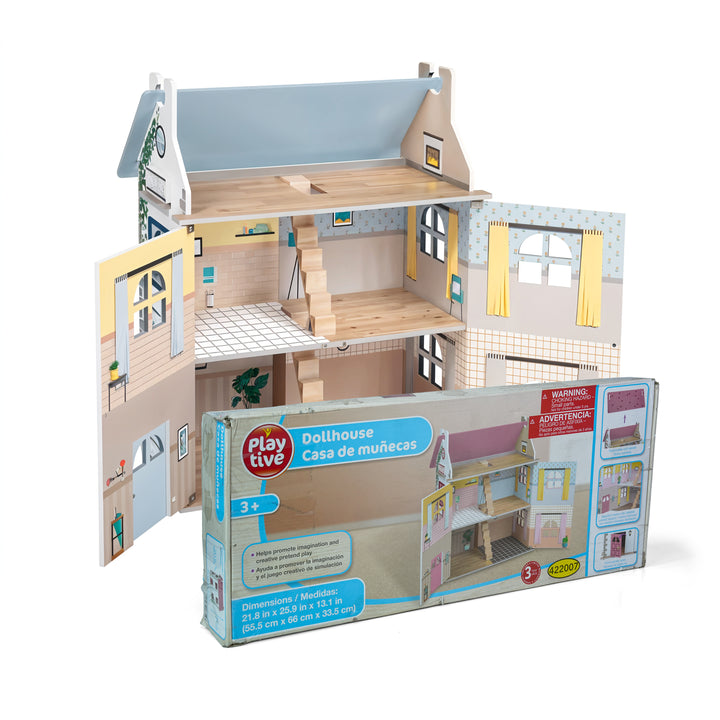 Playtive Wooden Dollhouse for Kids – 3-Level Foldable Doll House with Opening Doors and Staircase – Includes Multi-Room Layout with Realistic Wall Designs – Encourages Imaginative Roleplay – Safe, Durable Wood Build – Ideal for Girls and Boys Ages 3+