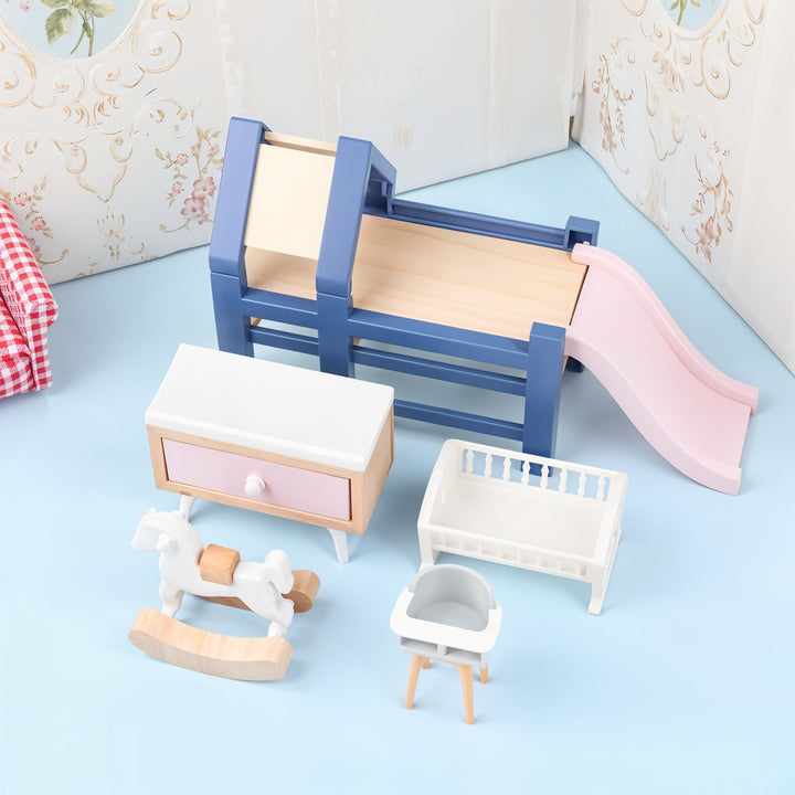 Playtive Doll’s House Furniture Nursery – 15-Piece Miniature Set for Kids Age 3+ with Real Wood & Durable Plastic, Includes Crib, Slide, Rocking Horse & More – Compatible with Dollhouses, TÜV Rheinland Certified – Safe & Imaginative Role-Playing Fun