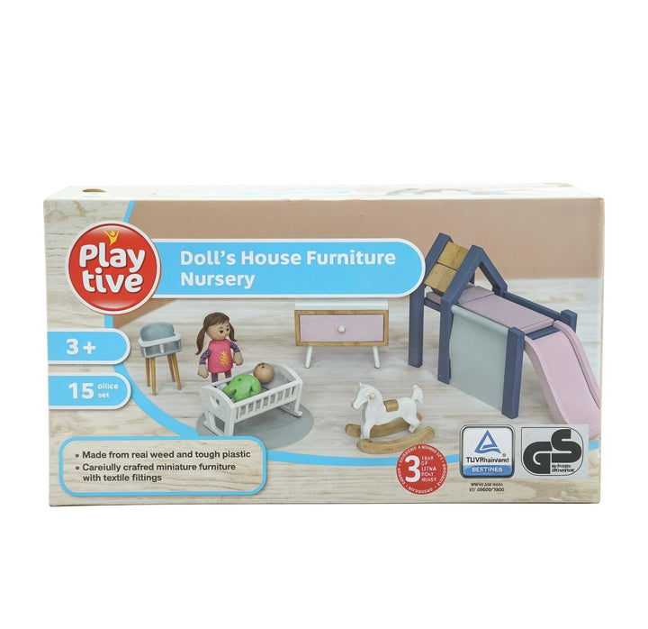 Playtive Doll’s House Furniture Nursery – 15-Piece Miniature Set for Kids Age 3+ with Real Wood & Durable Plastic, Includes Crib, Slide, Rocking Horse & More – Compatible with Dollhouses, TÜV Rheinland Certified – Safe & Imaginative Role-Playing Fun