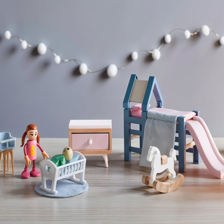Playtive Doll’s House Furniture Nursery – 15-Piece Miniature Set for Kids Age 3+ with Real Wood & Durable Plastic, Includes Crib, Slide, Rocking Horse & More – Compatible with Dollhouses, TÜV Rheinland Certified – Safe & Imaginative Role-Playing Fun