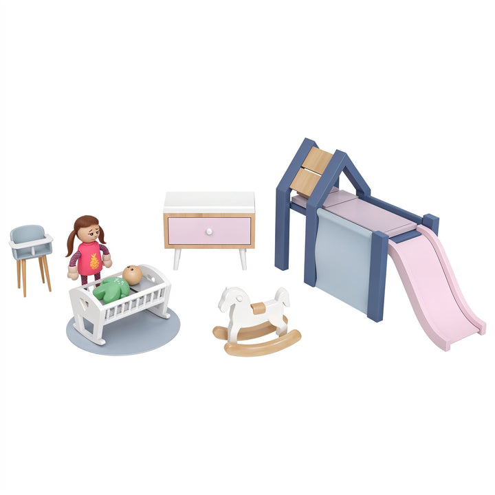 Playtive Doll’s House Furniture Nursery – 15-Piece Miniature Set for Kids Age 3+ with Real Wood & Durable Plastic, Includes Crib, Slide, Rocking Horse & More – Compatible with Dollhouses, TÜV Rheinland Certified – Safe & Imaginative Role-Playing Fun