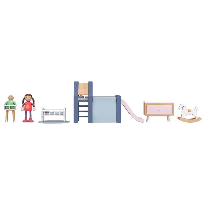 Playtive Doll’s House Furniture Nursery – 15-Piece Miniature Set for Kids Age 3+ with Real Wood & Durable Plastic, Includes Crib, Slide, Rocking Horse & More – Compatible with Dollhouses, TÜV Rheinland Certified – Safe & Imaginative Role-Playing Fun