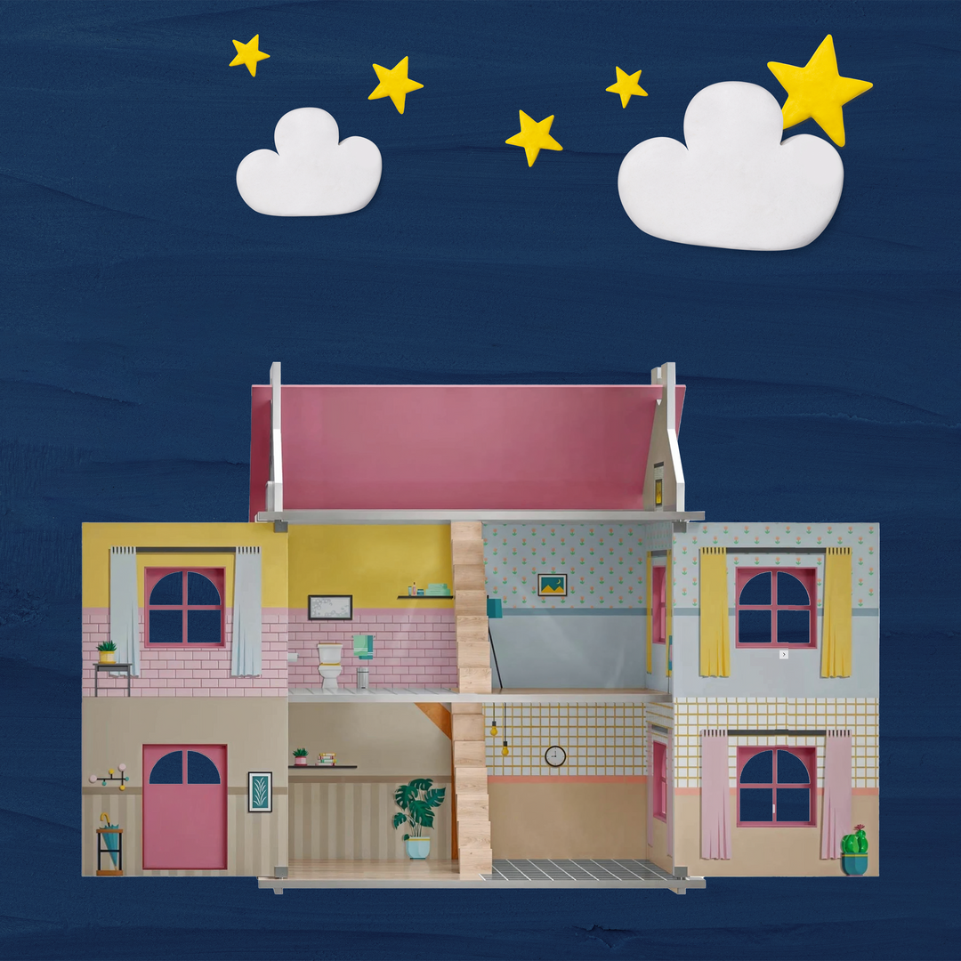 Playtive Wooden Dollhouse for Kids – 3-Level Foldable Doll House with Opening Doors and Staircase – Includes Multi-Room Layout with Realistic Wall Designs – Encourages Imaginative Roleplay – Safe, Durable Wood Build – Ideal for Girls and Boys Ages 3+