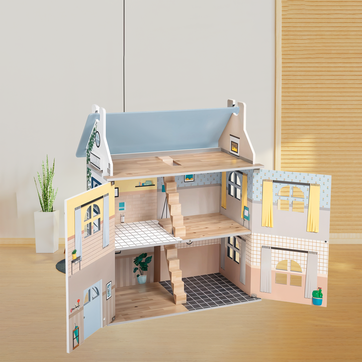 Playtive Wooden Dollhouse for Kids – 3-Level Foldable Doll House with Opening Doors and Staircase – Includes Multi-Room Layout with Realistic Wall Designs – Encourages Imaginative Roleplay – Safe, Durable Wood Build – Ideal for Girls and Boys Ages 3+