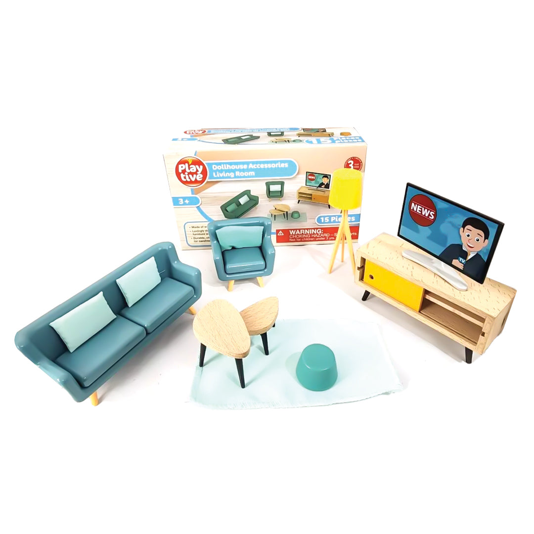 Playtive Doll’s House Furniture Living Room – 15-Piece Miniature Set for Kids Age 3+ with Real Wood & Durable Plastic – Includes Sofa, Armchairs, Coffee Table, TV & Accessories – Safe TÜV Certified Pretend Play Set for Dollhouse Role-Playing Fun