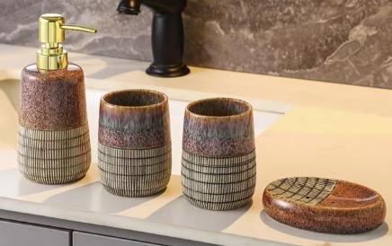 Beram 4 Piece Brown & Grey dotted check Ceramic Bathroom & Kitchen Accessory Set Textured Finish with Soap Dispenser Toothbrush Holder Tumbler & Soap Dish Artistic Handcrafted Look for Contemporary Bathrooms