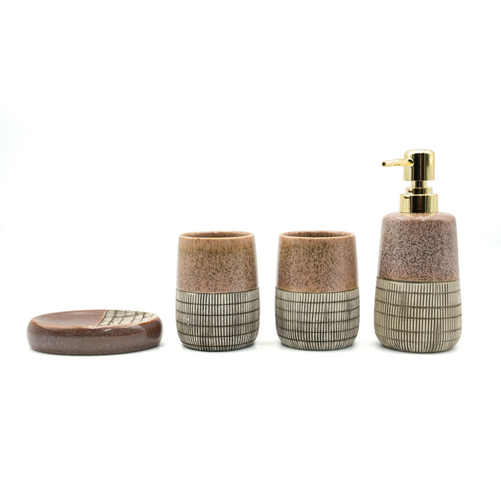 Beram 4 Piece Brown & Grey dotted check Ceramic Bathroom & Kitchen Accessory Set Textured Finish with Soap Dispenser Toothbrush Holder Tumbler & Soap Dish Artistic Handcrafted Look for Contemporary Bathrooms