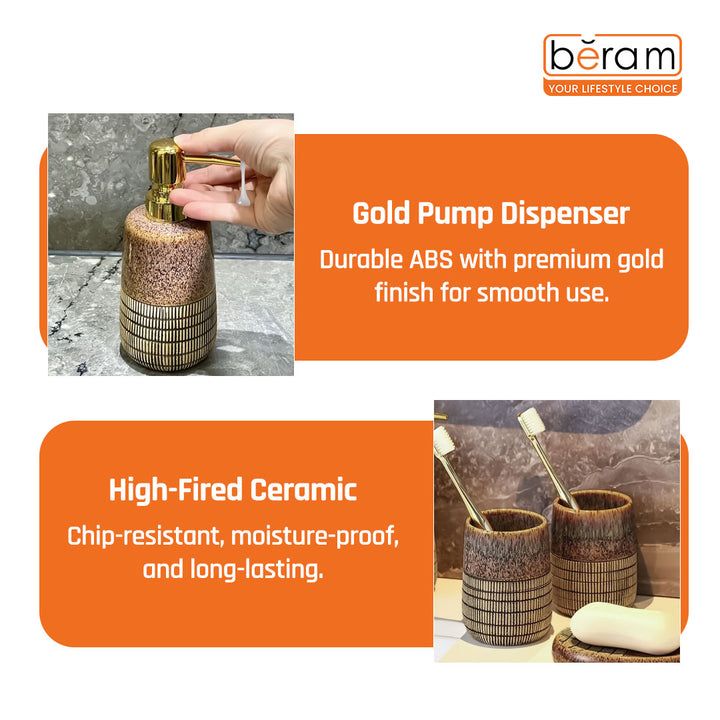 Beram 4 Piece Brown & Grey dotted check Ceramic Bathroom & Kitchen Accessory Set Textured Finish with Soap Dispenser Toothbrush Holder Tumbler & Soap Dish Artistic Handcrafted Look for Contemporary Bathrooms