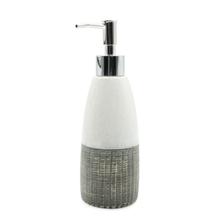 Beram Ceramic Soap Dispenser Bathroom Accessory approx. 340–400ml White & Grey with Dotted Line Design Refillable Lotion or Soap Pump Bottle Rustic Handmade Look for Kitchen Countertops