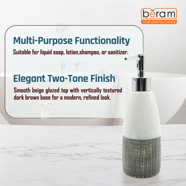 Beram Ceramic Soap Dispenser Bathroom Accessory approx. 340–400ml White & Grey with Dotted Line Design Refillable Lotion or Soap Pump Bottle Rustic Handmade Look for Kitchen Countertops