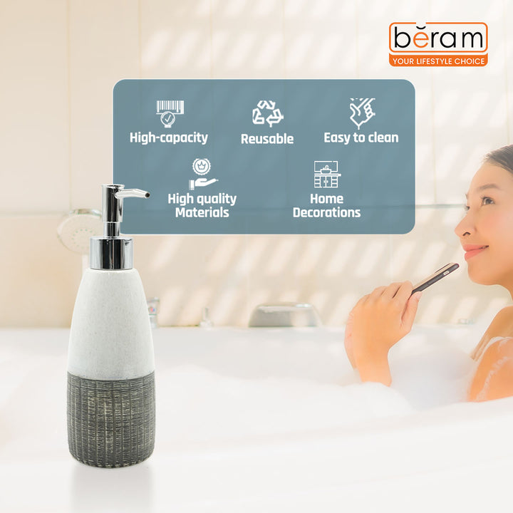 Beram Ceramic Soap Dispenser Bathroom Accessory approx. 340–400ml White & Grey with Dotted Line Design Refillable Lotion or Soap Pump Bottle Rustic Handmade Look for Kitchen Countertops