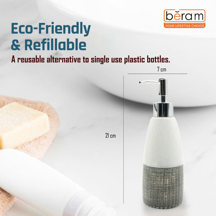 Beram Ceramic Soap Dispenser Bathroom Accessory approx. 340–400ml White & Grey with Dotted Line Design Refillable Lotion or Soap Pump Bottle Rustic Handmade Look for Kitchen Countertops