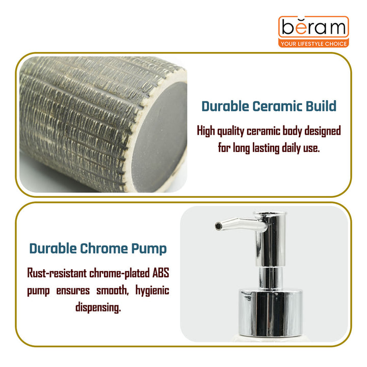 Beram Ceramic Soap Dispenser Bathroom Accessory approx. 340–400ml White & Grey with Dotted Line Design Refillable Lotion or Soap Pump Bottle Rustic Handmade Look for Kitchen Countertops