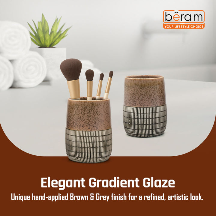 Beram 4 Piece Brown & Grey dotted check Ceramic Bathroom & Kitchen Accessory Set Textured Finish with Soap Dispenser Toothbrush Holder Tumbler & Soap Dish Artistic Handcrafted Look for Contemporary Bathrooms