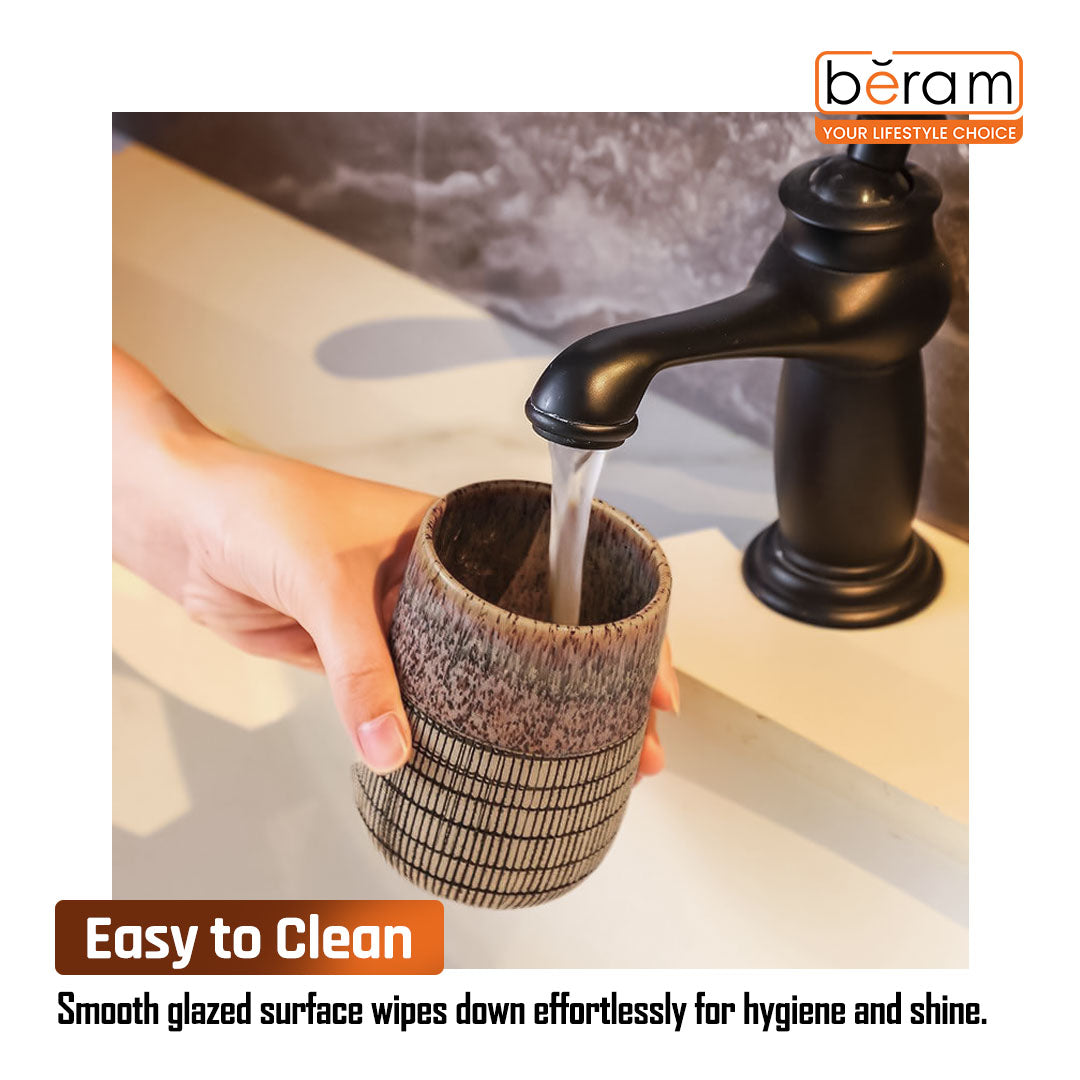 Beram 4 Piece Brown & Grey dotted check Ceramic Bathroom & Kitchen Accessory Set Textured Finish with Soap Dispenser Toothbrush Holder Tumbler & Soap Dish Artistic Handcrafted Look for Contemporary Bathrooms