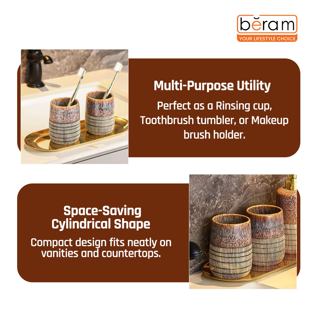 Beram 4 Piece Brown & Grey dotted check Ceramic Bathroom & Kitchen Accessory Set Textured Finish with Soap Dispenser Toothbrush Holder Tumbler & Soap Dish Artistic Handcrafted Look for Contemporary Bathrooms