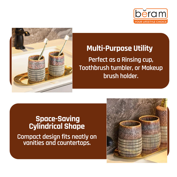 Beram 4 Piece Brown & Grey dotted check Ceramic Bathroom & Kitchen Accessory Set Textured Finish with Soap Dispenser Toothbrush Holder Tumbler & Soap Dish Artistic Handcrafted Look for Contemporary Bathrooms