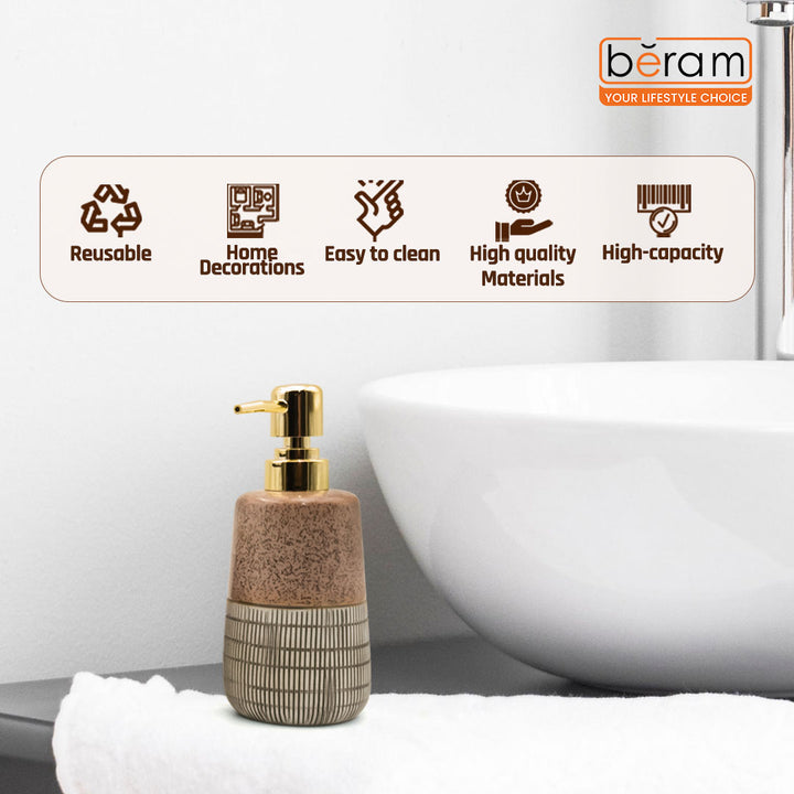 Beram 4 Piece Brown & Grey dotted check Ceramic Bathroom & Kitchen Accessory Set Textured Finish with Soap Dispenser Toothbrush Holder Tumbler & Soap Dish Artistic Handcrafted Look for Contemporary Bathrooms