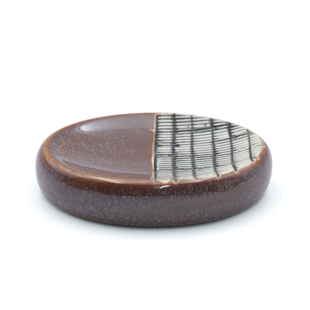 Beram 4 Piece Brown & Grey dotted check Ceramic Bathroom & Kitchen Accessory Set Textured Finish with Soap Dispenser Toothbrush Holder Tumbler & Soap Dish Artistic Handcrafted Look for Contemporary Bathrooms