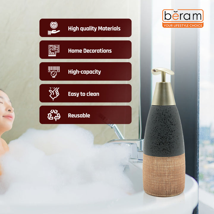 Beram Ceramic Soap Dispenser Hand Pump Bottle with Dotted Stripes Design Refillable Bathroom or Kitchen Countertop Accessory Elegant and Premium Touch