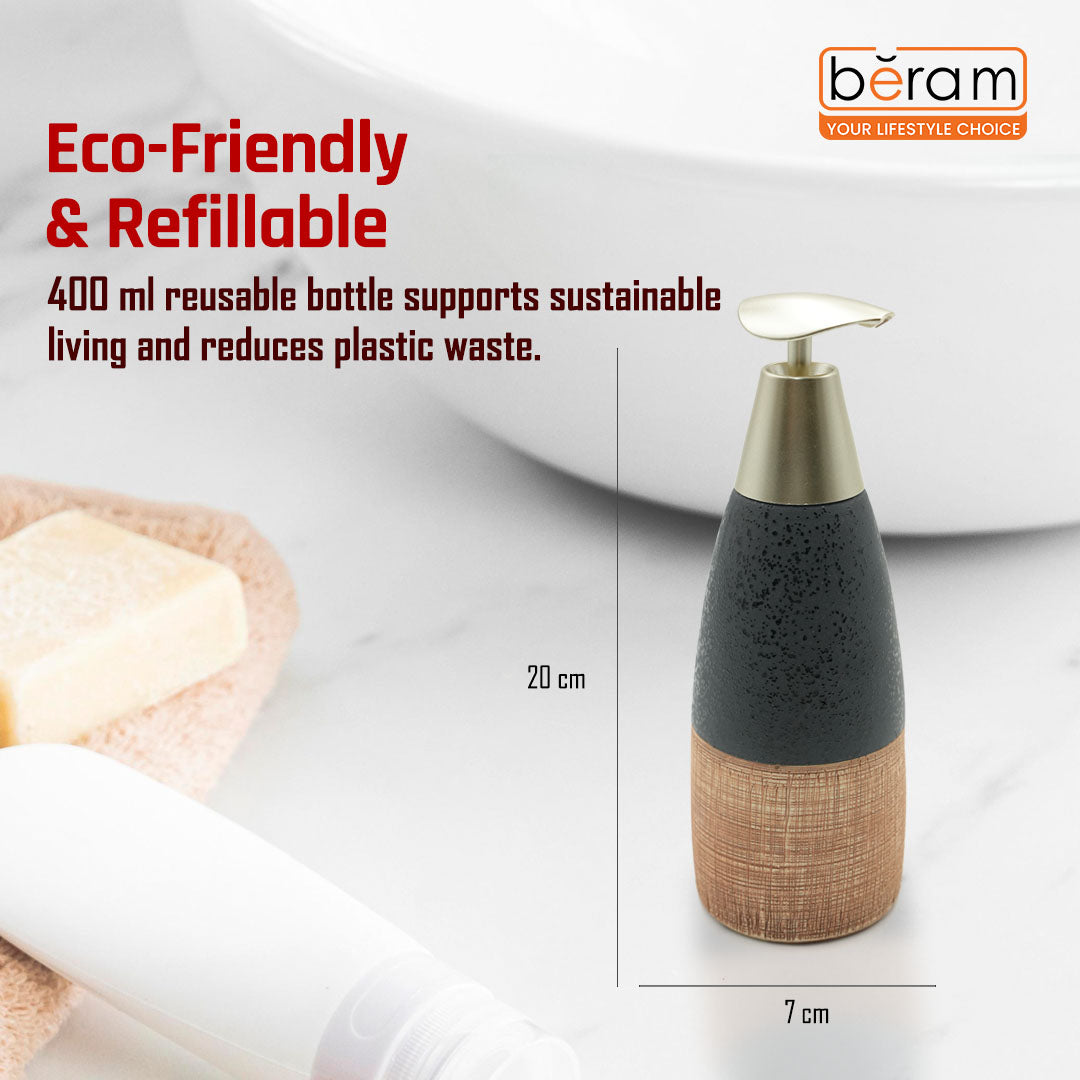 Beram Ceramic Soap Dispenser Hand Pump Bottle with Dotted Stripes Design Refillable Bathroom or Kitchen Countertop Accessory Elegant and Premium Touch