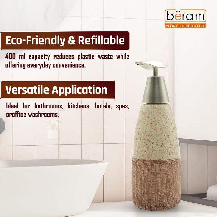 Beram Ceramic Soap Dispenser Hand Pump Bottle with Dotted Stripes Design Refillable Bathroom or Kitchen Countertop Accessory Elegant and Premium Touch