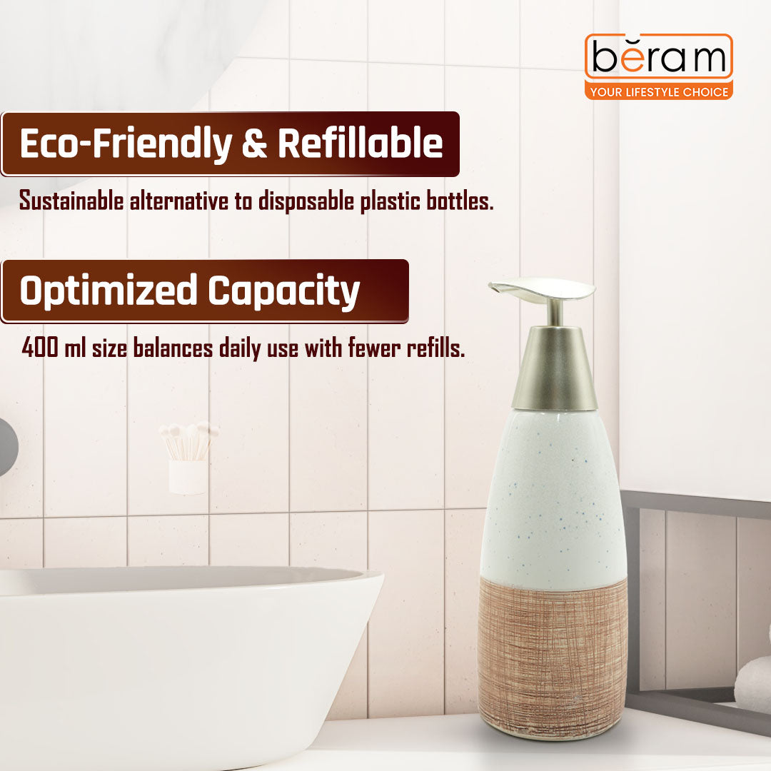 Beram Ceramic Soap Dispenser Hand Pump Bottle with Dotted Stripes Design Refillable Bathroom or Kitchen Countertop Accessory Elegant and Premium Touch