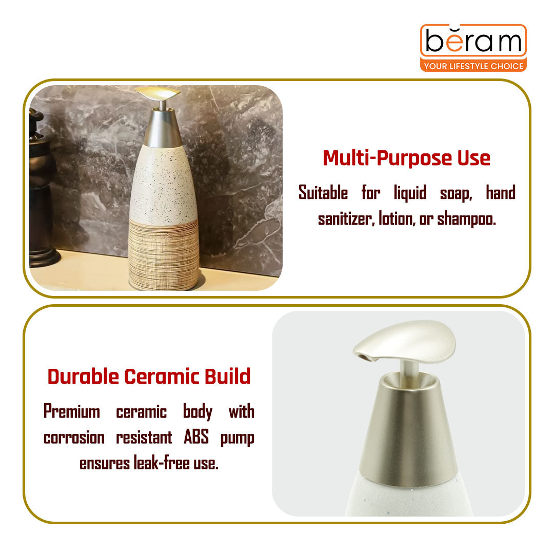 Beram Ceramic Soap Dispenser Hand Pump Bottle with Dotted Stripes Design Refillable Bathroom or Kitchen Countertop Accessory Elegant and Premium Touch