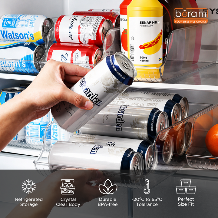 Beram Refrigerator Beverage & Can Holder Transparent Storage Box Drink Holder Clear PET Fridge Organizer Rack for Bottles Rectangular Kitchen Pantry Bin Freezer Container BPA-Free Multipurpose Box