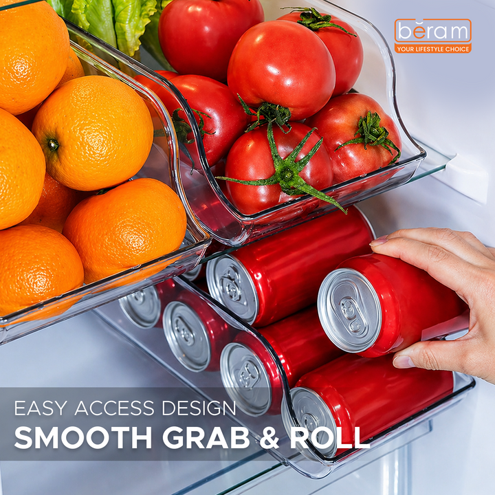 Beram Refrigerator Beverage & Can Holder Transparent Storage Box Drink Holder Clear PET Fridge Organizer Rack for Bottles Rectangular Kitchen Pantry Bin Freezer Container BPA-Free Multipurpose Box