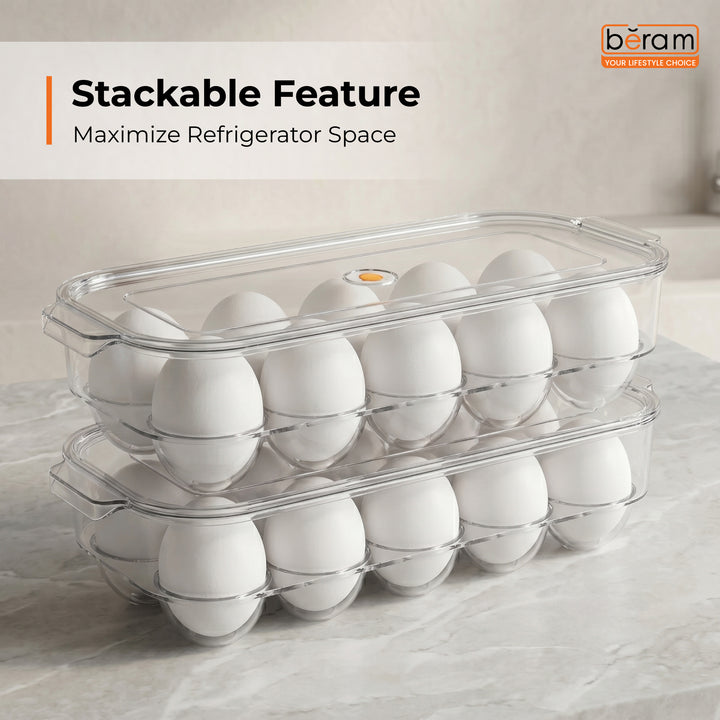 Beram Clear Seal Egg Storage Box Transparent Holder with Lid Clear PET Refrigerator Organizer with Grooved Design for Secure Egg Placement Stackable Fridge Storage Container