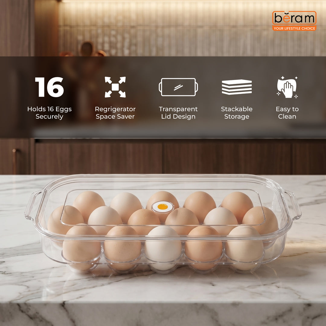 Beram Clear Seal Egg Storage Box Transparent Holder with Lid Clear PET Refrigerator Organizer with Grooved Design for Secure Egg Placement Stackable Fridge Storage Container