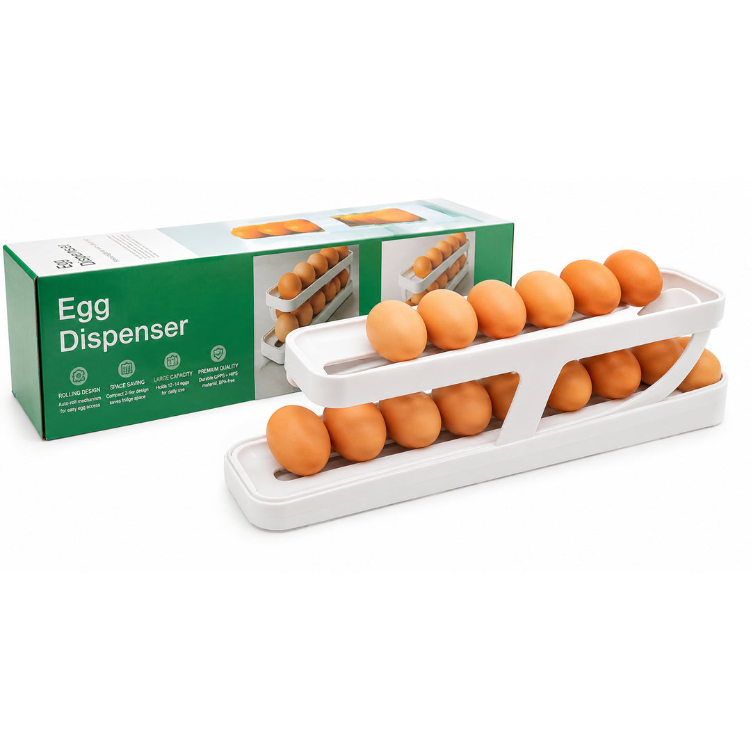 Beram Rolling Egg Dispenser – White 2-Tier Egg Holder Organizer Tray Rack Gravity-Fed Auto-Roll Egg Storage Container for Fridge & Countertop Holds 12–14 Eggs Durable GPPS + HIPS Mate