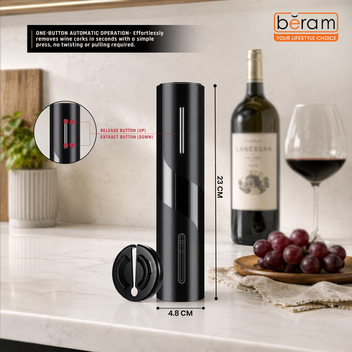 BERAM Electric Wine Opener Pump – Rechargeable Automatic Corkscrew with Type-C Port, Matte Black Finish, Red Light Indicator & One-Button Operation for Wine Bottles