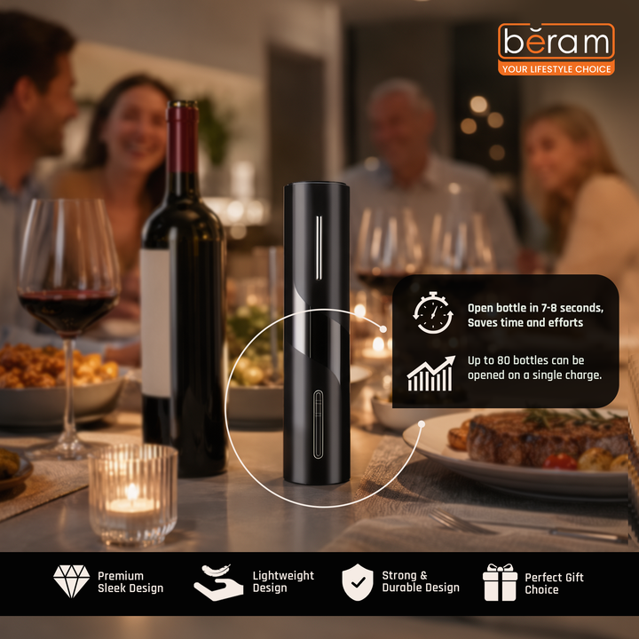 BERAM Electric Wine Opener Pump – Rechargeable Automatic Corkscrew with Type-C Port, Matte Black Finish, Red Light Indicator & One-Button Operation for Wine Bottles