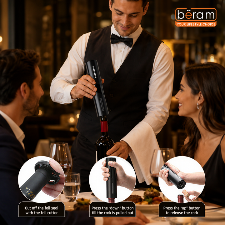 BERAM Electric Wine Opener Pump – Rechargeable Automatic Corkscrew with Type-C Port, Matte Black Finish, Red Light Indicator & One-Button Operation for Wine Bottles