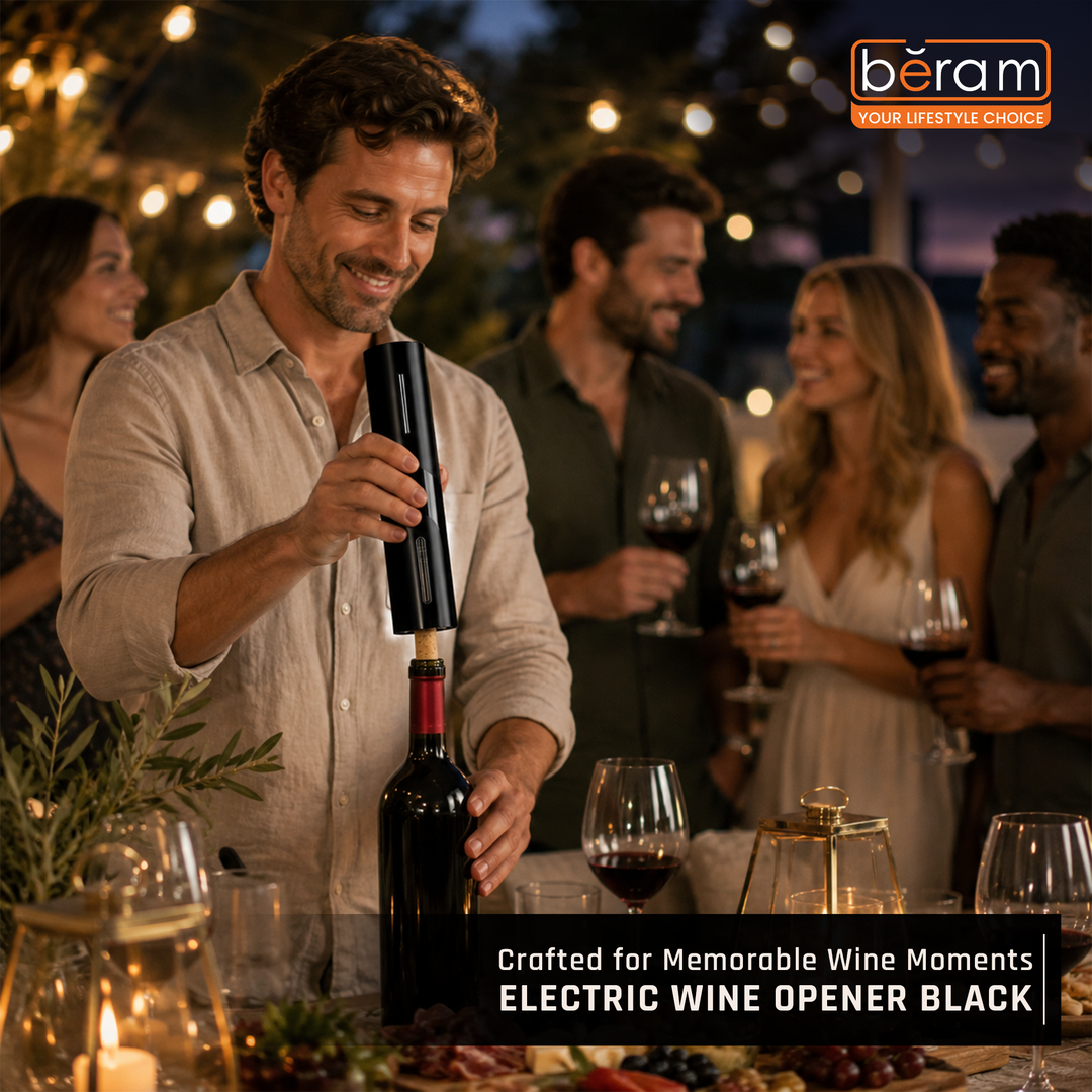 BERAM Electric Wine Opener Pump – Rechargeable Automatic Corkscrew with Type-C Port, Matte Black Finish, Red Light Indicator & One-Button Operation for Wine Bottles