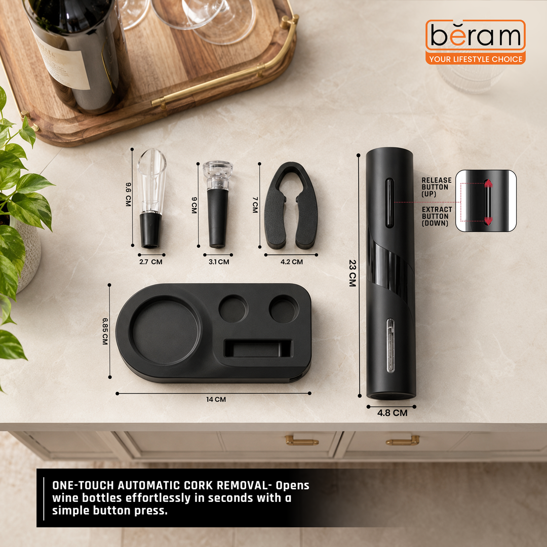BERAM Electric Wine Opener Set – 5-in-1 Rechargeable Wine Bottle Opener Kit with Automatic Corkscrew, Foil Cutter, Wine Pourer, Stopper & Charging Base