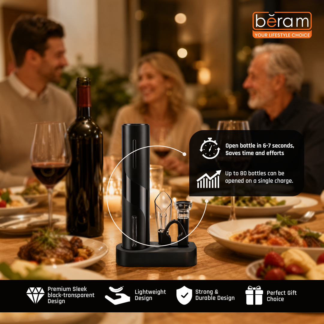 BERAM Electric Wine Opener Set – 5-in-1 Rechargeable Wine Bottle Opener Kit with Automatic Corkscrew, Foil Cutter, Wine Pourer, Stopper & Charging Base