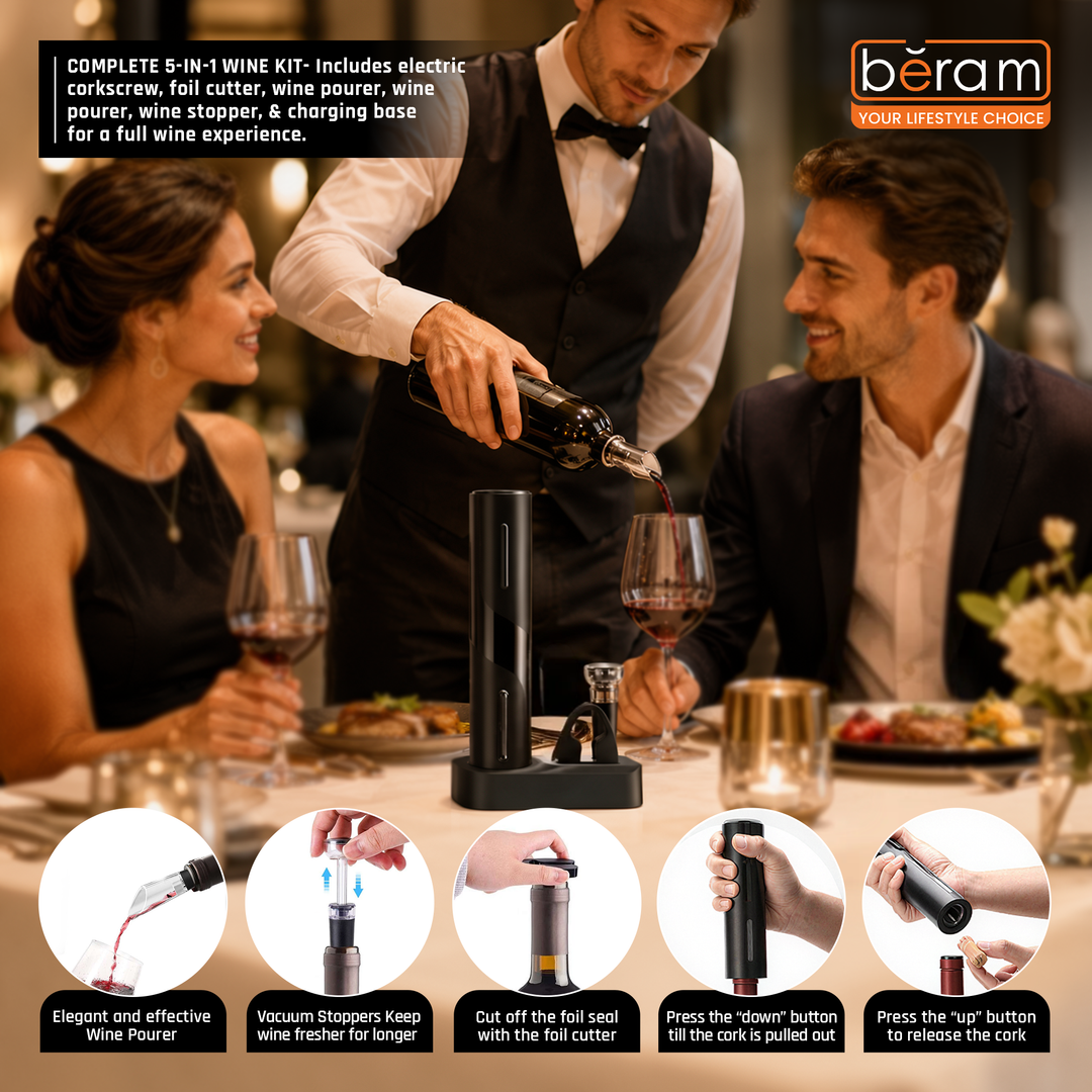 BERAM Electric Wine Opener Set – 5-in-1 Rechargeable Wine Bottle Opener Kit with Automatic Corkscrew, Foil Cutter, Wine Pourer, Stopper & Charging Base