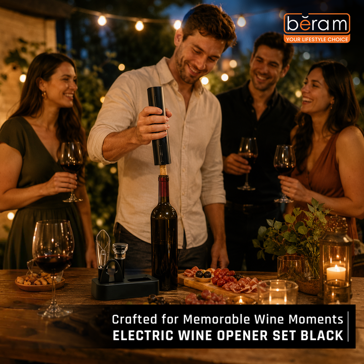 BERAM Electric Wine Opener Set – 5-in-1 Rechargeable Wine Bottle Opener Kit with Automatic Corkscrew, Foil Cutter, Wine Pourer, Stopper & Charging Base