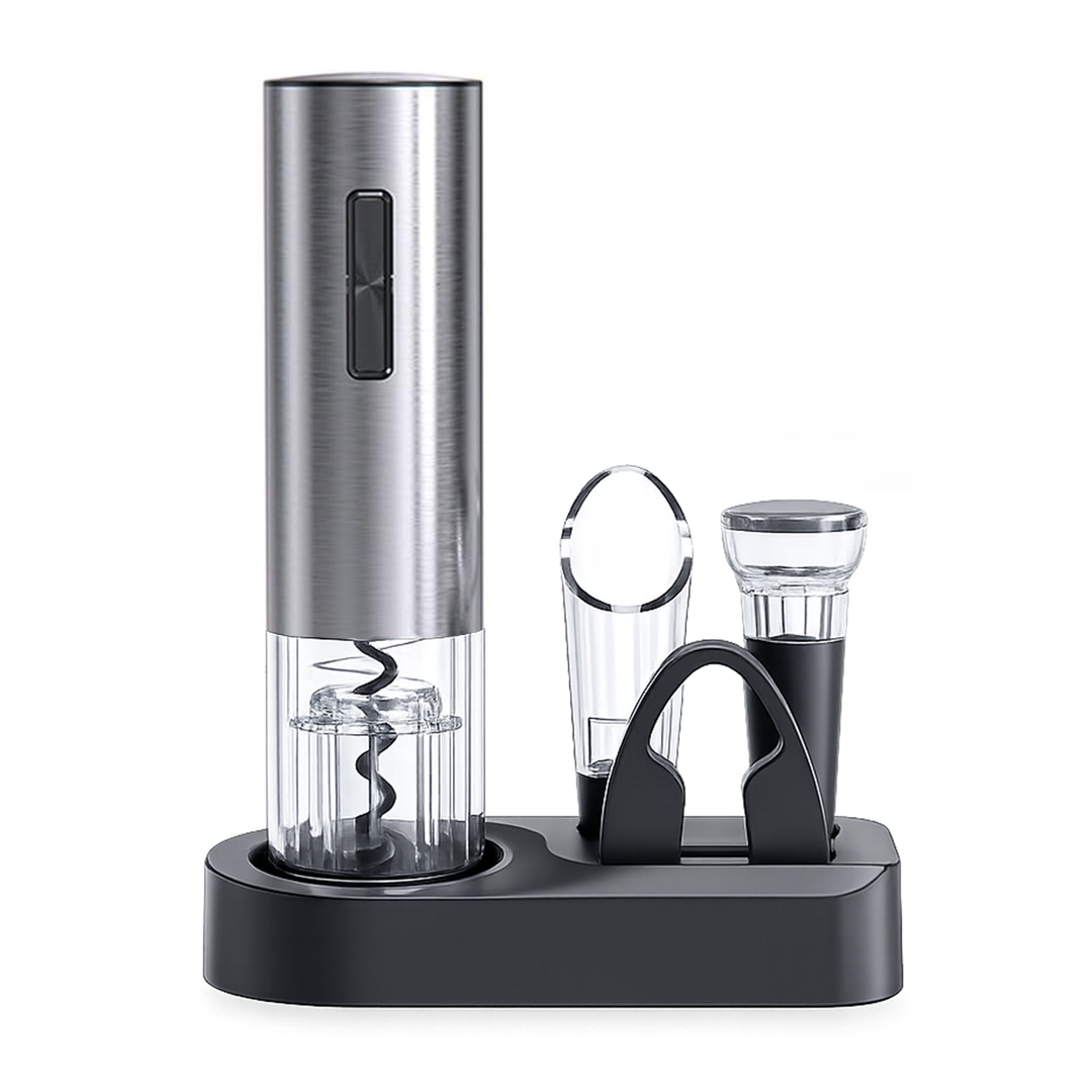 BERAM Electric Wine Opener Set – 5-in-1 Rechargeable Wine Bottle Opener Kit with Automatic Corkscrew, Foil Cutter, Wine Pourer, Stopper & Charging Base