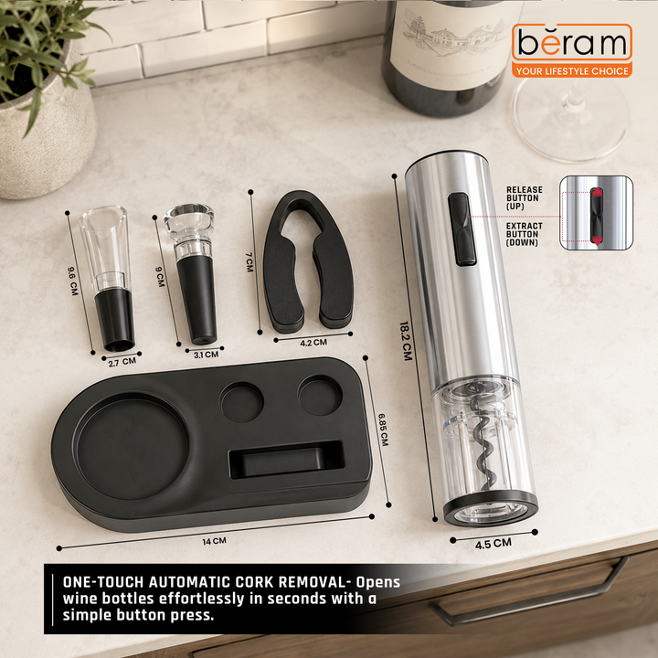 BERAM Electric Wine Opener Set – 5-in-1 Rechargeable Wine Bottle Opener Kit with Automatic Corkscrew, Foil Cutter, Wine Pourer, Stopper & Charging Base