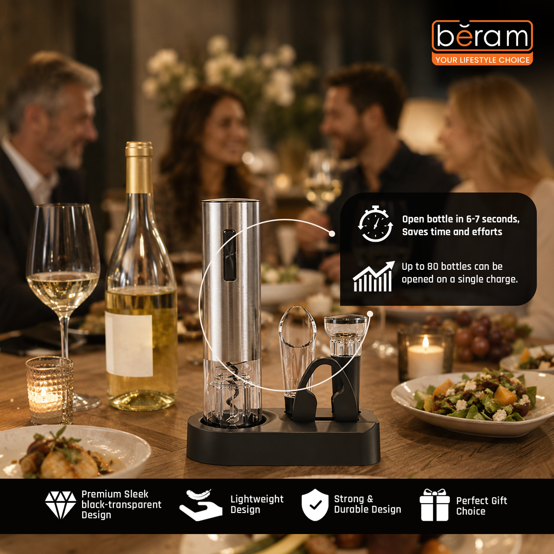 BERAM Electric Wine Opener Set – 5-in-1 Rechargeable Wine Bottle Opener Kit with Automatic Corkscrew, Foil Cutter, Wine Pourer, Stopper & Charging Base