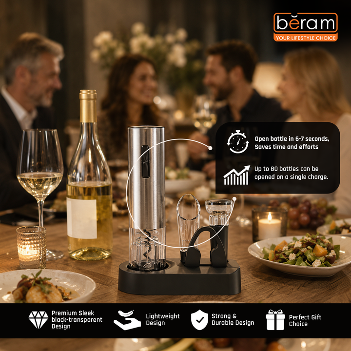 BERAM Electric Wine Opener Set – 5-in-1 Rechargeable Wine Bottle Opener Kit with Automatic Corkscrew, Foil Cutter, Wine Pourer, Stopper & Charging Base
