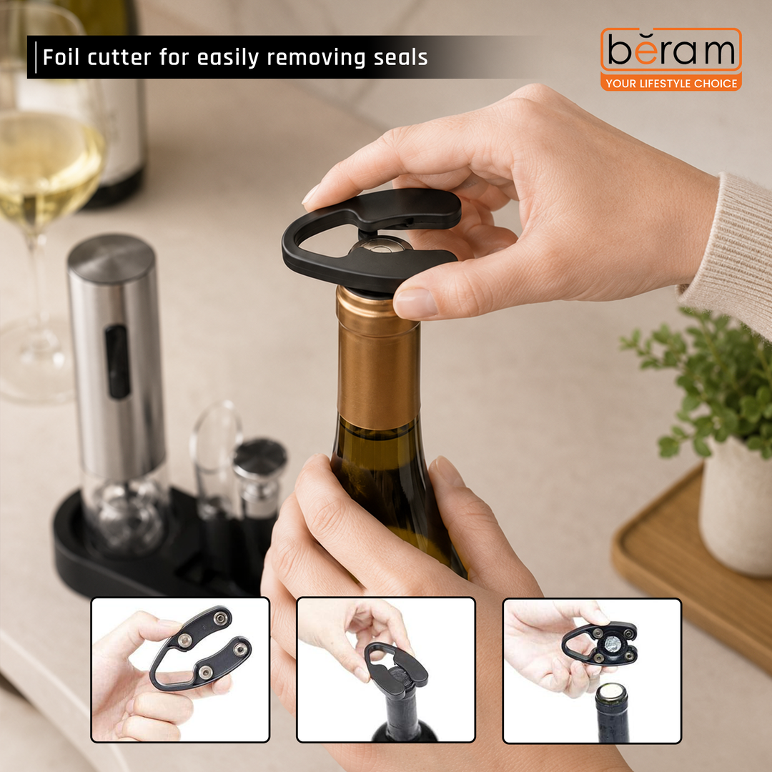 BERAM Electric Wine Opener Set – 5-in-1 Rechargeable Wine Bottle Opener Kit with Automatic Corkscrew, Foil Cutter, Wine Pourer, Stopper & Charging Base